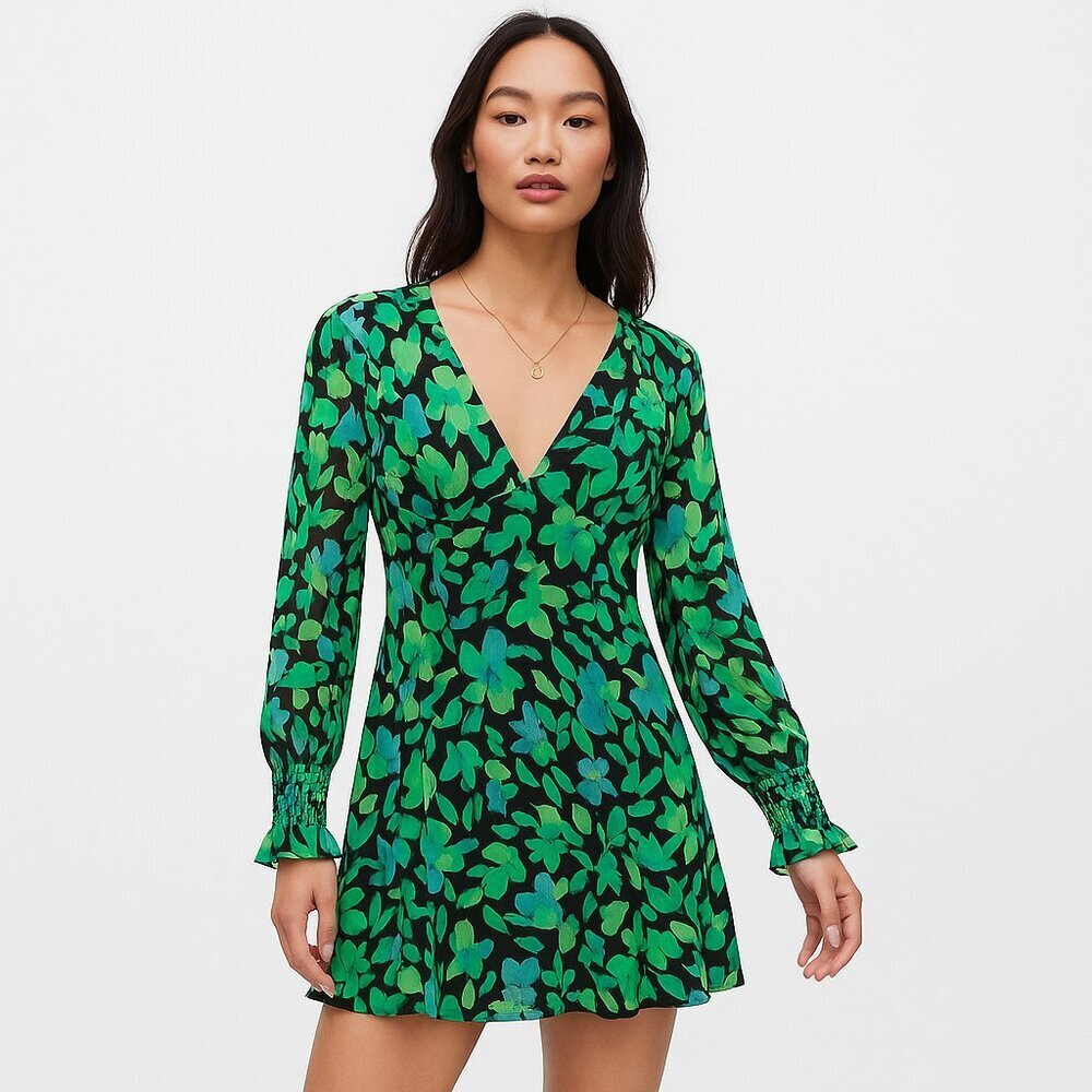 Topshop Green Floral Godet Mini Tea Dress Long Sleeve Size 6 NWT